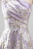 Vestido Formal Jacquard Maxi A-Line de Um Ombro e Franzido Lavanda Poeirenta