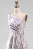 Vestido Formal Jacquard Maxi A-Line de Um Ombro e Franzido Lavanda Poeirenta