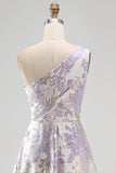 Vestido Formal Jacquard Maxi A-Line de Um Ombro e Franzido Lavanda Poeirenta