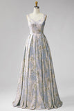 Vestido Jacquard Longo, Jacquard, Plissado em V, Linha em A