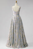 Vestido Jacquard Longo, Jacquard, Plissado em V, Linha em A