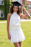 Vestido de Graduação Branco Mini Floral A-Line com decote halter