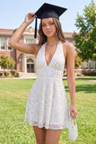 Vestido de Graduação Mini Mini-Finalista Branco de A-Line com decote halter brilhante