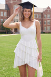 Vestido Mini de Graduação Branco A-Line com Folhos e Folhos