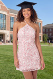 Vestido de Graduação Mini de Finalistas Cor-de-rosa A-Line com gola halter e lantejoulas