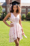 Vestido de Graduação Mini Formado com Laço de Flor Branca e Cor-de-rosa A com Decote em V