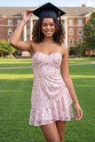 Vestido de Graduação Mini Curta de Lantejoulas Cor-de-Rosa Brilhante com Folhos