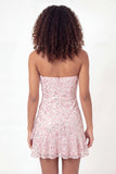 Vestido de Graduação Mini Curta de Lantejoulas Cor-de-Rosa Brilhante com Folhos