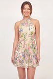 Vestido Mini de Regresso a Casa Mini Bordado em Tule com gola halter amarela