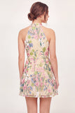 Vestido Mini de Regresso a Casa Mini Bordado em Tule com gola halter amarela