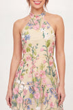 Vestido Mini de Regresso a Casa Mini Bordado em Tule com gola halter amarela