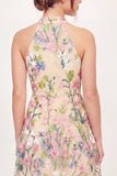 Vestido Mini de Regresso a Casa Mini Bordado em Tule com gola halter amarela