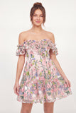 Mini vestido de graduação cor-de-rosa em A-line floral bordado em tule no ombro despenteado