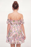 Mini vestido de graduação cor-de-rosa em A-line floral bordado em tule no ombro despenteado