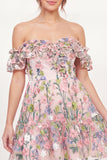 Mini vestido de graduação cor-de-rosa em A-line floral bordado em tule no ombro despenteado
