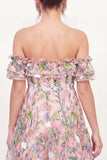 Mini vestido de graduação cor-de-rosa em A-line floral bordado em tule no ombro despenteado