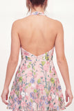 Mini vestido de graduação cor-de-rosa com decote halter e decote floral bordado em tule