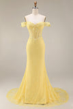 Vestido longo de baile de finalistas amarelo corset de sereia com renda fora do ombro