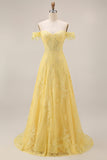 Vestido longo de baile de finalista, corset amarelo de renda com aplicação em linha A