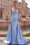 Vestido comprido de baile de finalistas com adornos de sereia de cetim azul e pérolas adornadas