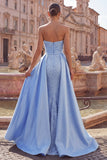 Vestido comprido de baile de finalistas com adornos de sereia de cetim azul e pérolas adornadas