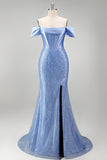 Vestido de Baile Longo Azul com Ombro a Ombro estilo Espartilho e Pérolas