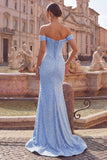Vestido de Baile Longo Azul com Ombro a Ombro estilo Espartilho e Pérolas