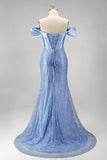 Vestido de Baile Longo Azul com Ombro a Ombro estilo Espartilho e Pérolas