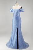 Vestido de Baile Longo Azul com Ombro a Ombro estilo Espartilho e Pérolas