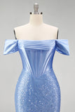 Vestido de Baile Longo Azul com Ombro a Ombro estilo Espartilho e Pérolas