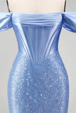 Vestido de Baile Longo Azul com Ombro a Ombro estilo Espartilho e Pérolas