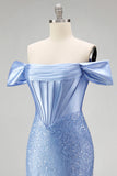 Vestido de Baile Longo Azul com Ombro a Ombro estilo Espartilho e Pérolas