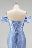 Vestido de Baile Longo Azul com Ombro a Ombro estilo Espartilho e Pérolas