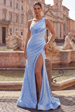 Vestido de Baile de Finalistas Azul com Missangas e Pérolas Franzidas Azul e Abertura