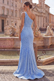 Vestido de Baile de Finalistas Azul com Missangas e Pérolas Franzidas Azul e Abertura