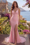 Vestido de baile comprido com alças finas com sereia cor-de-rosa lantejoulas