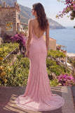 Vestido de baile comprido com alças finas com sereia cor-de-rosa lantejoulas