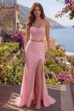 Vestido de Baile de Finalistas Longo com Espartilho de 2 Peças, Espartilho Sem Alças com Sereia Cor-de-Rosa com Missangas e Corte