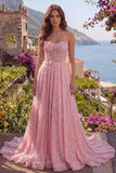 Vestido de Baile Longo Sem Alças em Rosa Brilhante com Bordado de Miçangas