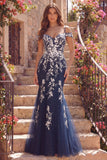 Vestido longo de baile floral em tule com ombros frios e sereias azul-marinho com apliques