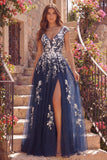 Vestido de Baile Longo Azul-marinho com decote em V floral e fenda