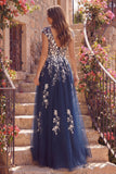 Vestido de Baile Longo Azul-marinho com decote em V floral e fenda
