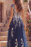 Vestido de Baile Longo Azul-marinho com decote em V floral e fenda