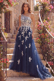 Vestido de Baile Longo Corset de Tule Linha A de Um Ombro com Flores e Aplicações