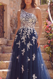 Vestido de Baile Longo Corset de Tule Linha A de Um Ombro com Flores e Aplicações