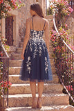 Vestido Midi Floral de Tiras Finas A-Line azul-marinho com fenda