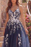 Vestido Midi Floral de Tiras Finas A-Line azul-marinho com fenda