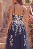 Vestido Midi Floral de Tiras Finas A-Line azul-marinho com fenda