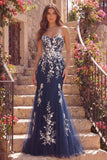 Vestido longo de baile floral de sereia azul-marinho com apliques