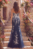 Vestido longo de baile floral de sereia azul-marinho com apliques